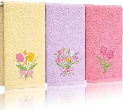 3 Pcs Tulips Bouquet Hand Towels Spring Pink Tulips Flower Bath Towels 14 x 29