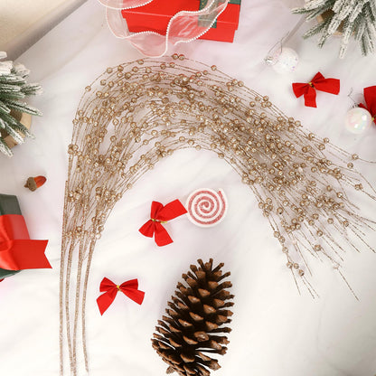 HRONG 24 PCS 39.37in Red Artificial Glitter Berry Stem Ornaments - Glittery Twigs，Branches for Christmas Tree Decorations, Holiday Wreaths, Wedding, DIY & Home Party Decor (Champagne)