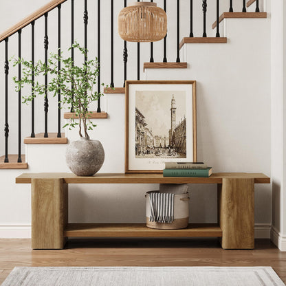 LITTLE TREE Wood Entryway Bench, 63" End of Bed Bench with Storage Shelf, Farmhouse Extra Long Shoe Bench for Entryway, Dining Room, Hallway, Living Room, Bedroom, Double-Reinforced Legs, Natural Oak