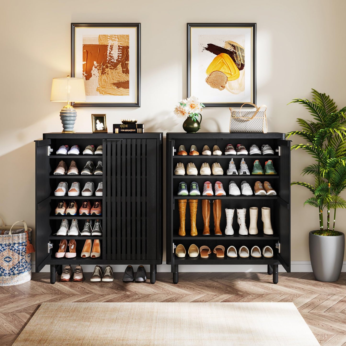 Tribesigns 6-Tier Shoe Cabinet with Louvered Doors, Large Wooden Shoe Storage Cabinet with Adjustable Shelves, Modern Freestanding Shoe Organizer Cabinet for Entryway, Hallway (Black)