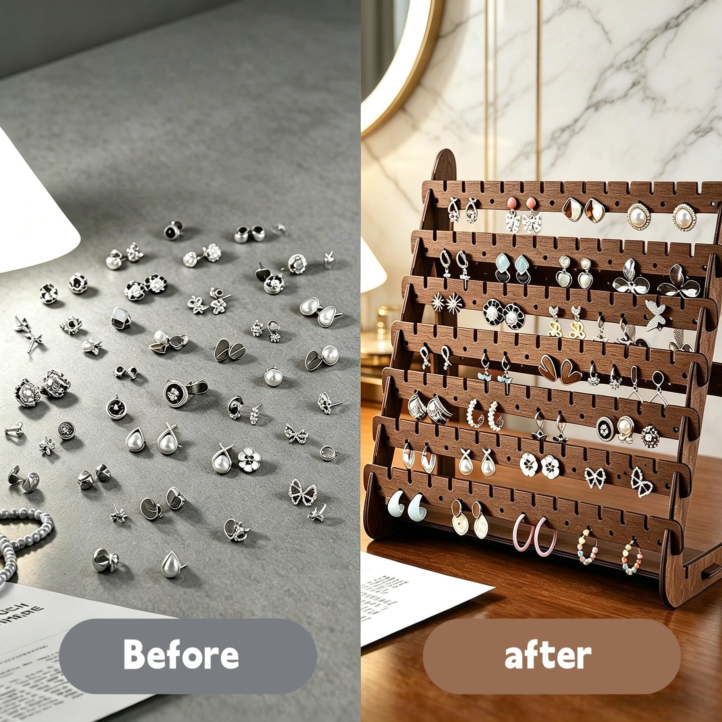 YZ BY YIZHE Solid Wood Earring Organizer Multi-Layer Display Rack for Earrings, Necklaces, Bracelets Jewelry Storage Holder for Dresser, Countertop Rustic Farmhouse Decor (9.84" x 4.33" Brown)