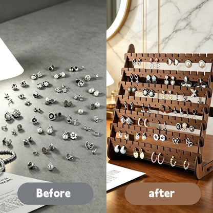 YZ BY YIZHE Solid Wood Earring Organizer Multi-Layer Display Rack for Earrings, Necklaces, Bracelets Jewelry Storage Holder for Dresser, Countertop Rustic Farmhouse Decor (9.84" x 4.33" Brown)
