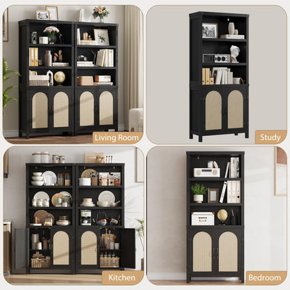 GarveeHome Bookshelf and Bookcase with Doors, 5 Tier Double Wide Large Bookshelves, Open Display Shelves, 70'' Tall Bookshelf with Storage Cabinets for Home Office, Living Room, Library, Black
