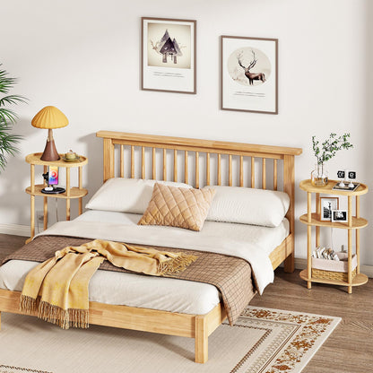 HOOBRO Small Narrow Side Table with Charging Station, 3-Tier Bamboo Narrow End Table, Slim Side Table for Small Spaces, Skinny Oval Nightstand for Living Room, Bedroom, Apartment, Natural YL178UBZ01