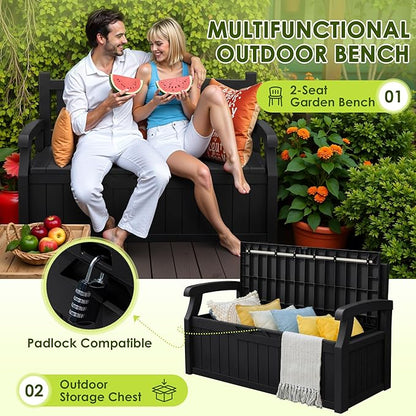 Greesum 80 Gallon Outdoor Storage Bench, Resin Patio Furniture with Armrest,Waterproof and UV-Resistant, Perfect to Garden, Poolside and Lawn, Black