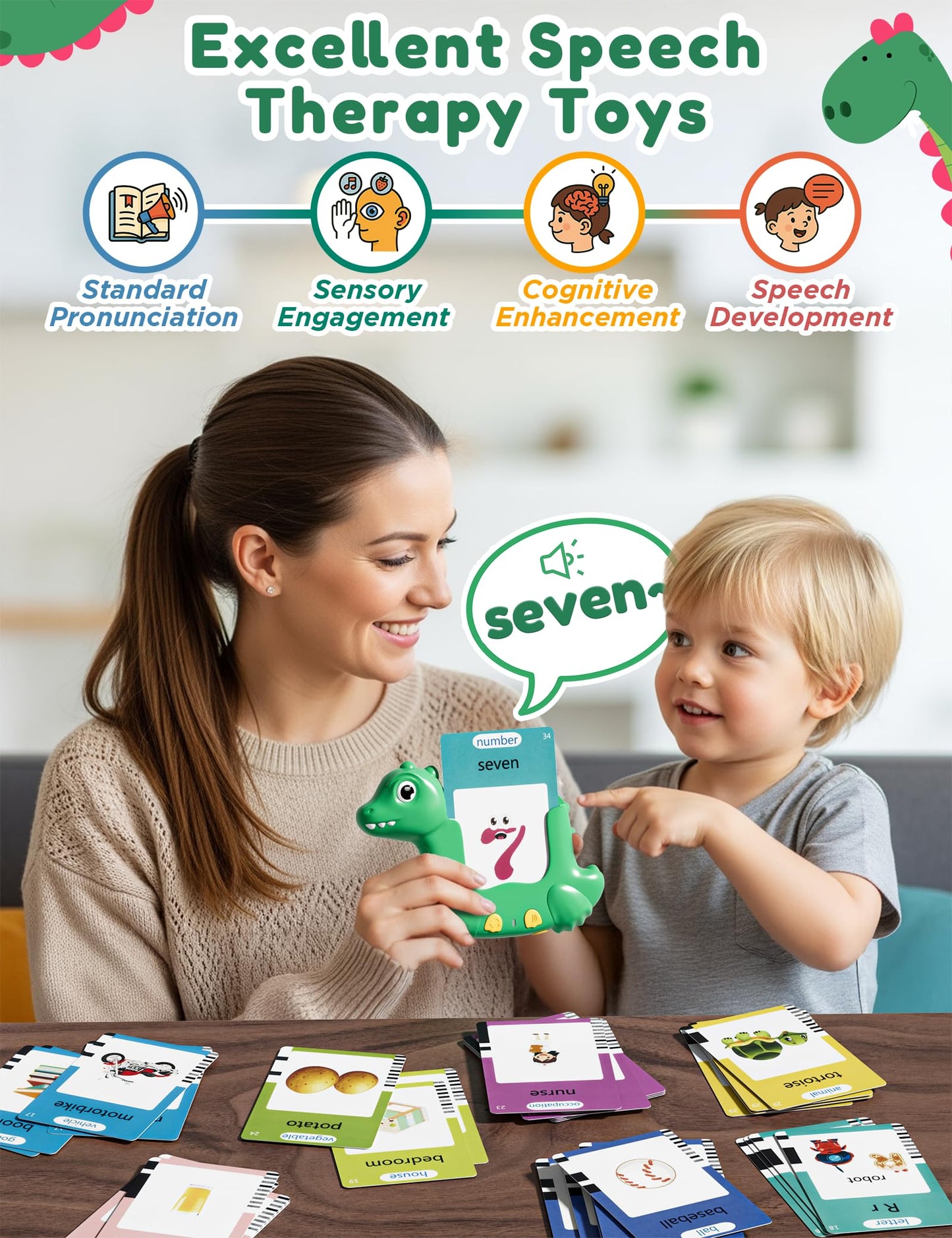 Talking Flash Cards for Toddlers with 510 Sight Words, Dinosaur Shaped Pocket Speech English Learning Toys Gifts for Boys, Educational & Autism Toys for Speech Therapy