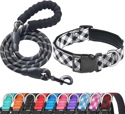 Ladoogo Reflective Dog Collar Padded with Soft Neoprene Breathable Adjustable Nylon Dog Collars for Small Medium Large Dogs (Medium (Pack of 1), Black Plaid Collar+Leash)