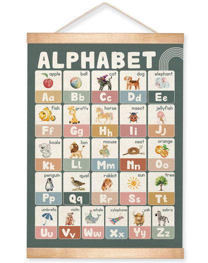 Educational Alphabet Chart Wall Art, 18.5x14Inch Colourful Alphabet Canvas Print Poster with Wooden Hanger, Classroom Learning Posters, A-Z Letters Wall Art Decor for Nursery,Playroom and Home School