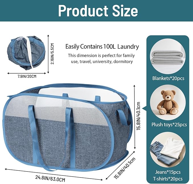 100L Collapsible Laundry Baskets, Tear Proof Pop Up Laundry Hamper