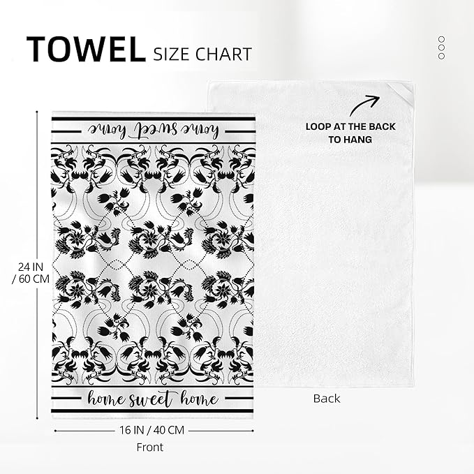Black Kitchen Towels Decorative Set of 2, Absorbent Boho Floral Dish Towels