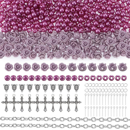 OEMOO 1410PCS Rosary Jewelry Making Kit Rosary Prayer Making Supplies Carved Rose Beads Cross Centerpiece Crucifix Medal, Silver Jesus Maria Pendant for Rosary Bracelet Necklace Jewelry (Purple)