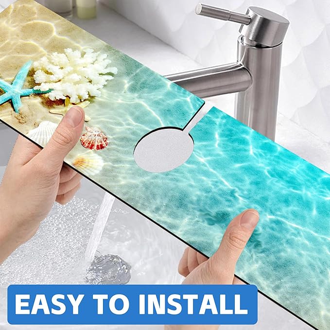 Beach Dish Drying Mat for Kitchen Sink Starfish Coral and Seashell Splash Guard