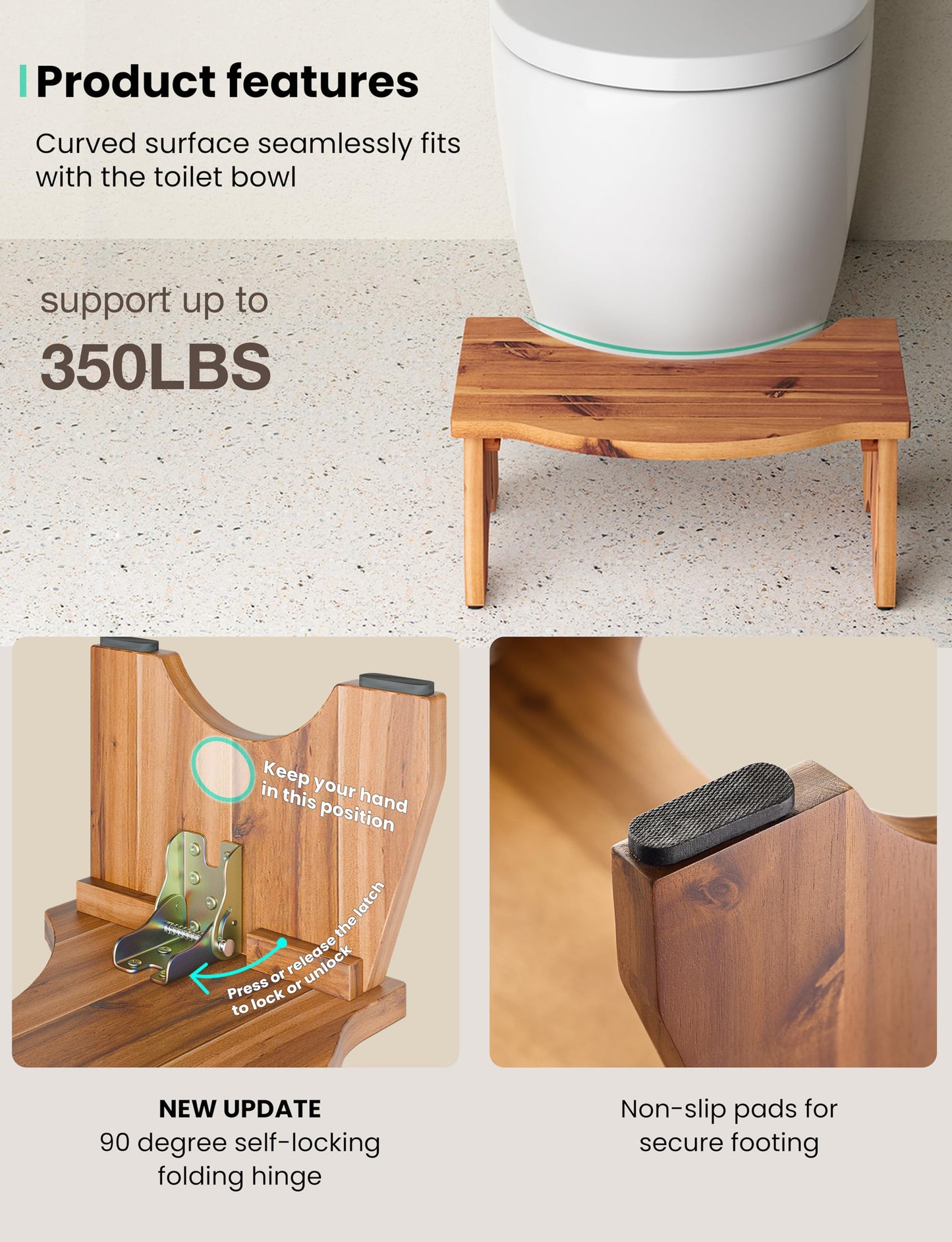 HOLANA Foldable Toilet Stool for Bathroom Adults - 7.2" Acacia Wood Poop Stool for Kids - Pooping Stool Squat with Anti Slip - Bathroom Stools for Sitting/Travel (Acacia Wood 7.2" Height)