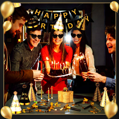 Patelai 25 Pcs Black and Gold Birthday Party Set: 1 black and gold Banner, 3 Glasses, 10 Whistles, 11 Cone Hats for Birthday Party Decoration