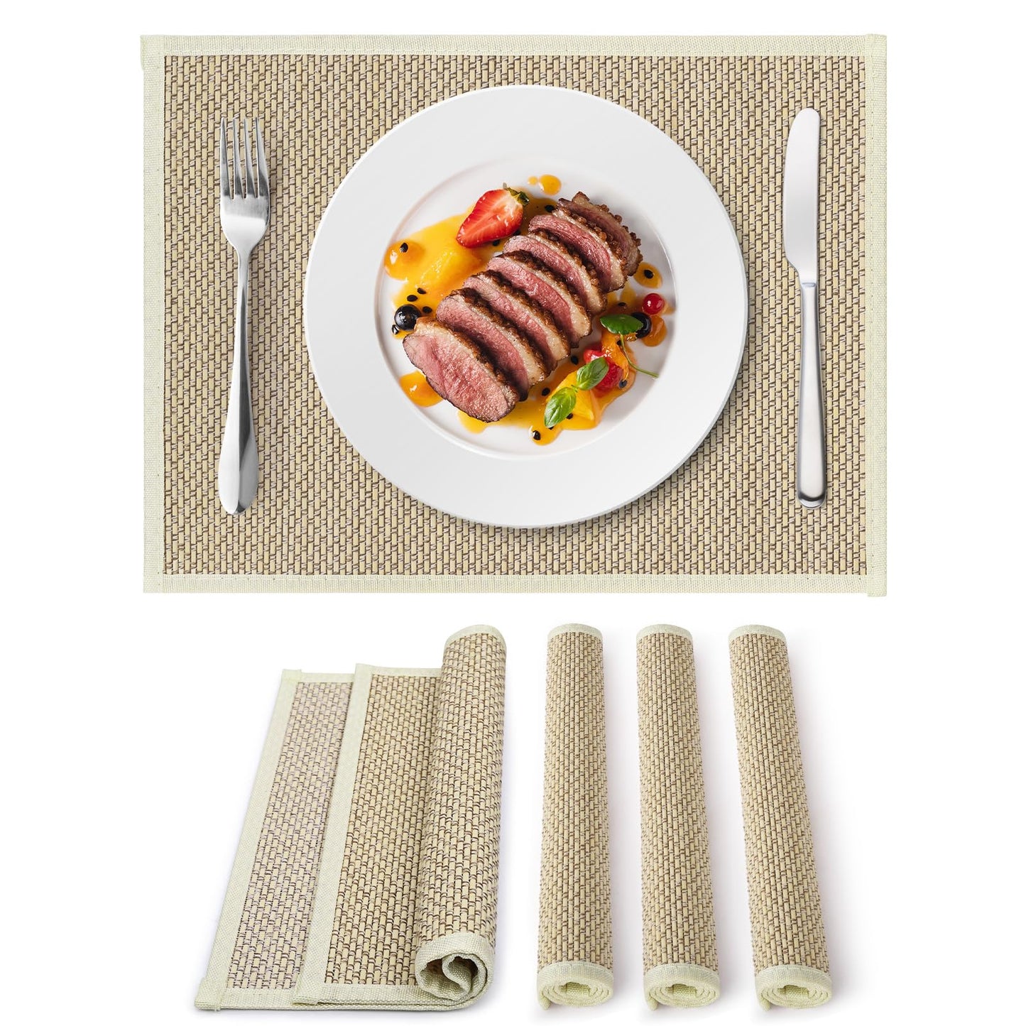 fanquare Bamboo Placemats with Fabric Border Set of 4 Natural Japanese Wooden Table Mats Sushi Rolling Mat for Dining Kitchen Room