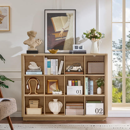 Joaxswe 12 Cube Storage Organizer, 41" Large Bookshelf with Curved Edge, Wood Floor Standing 3-Tier Cubby Bookcase with Base, Rustic Display Storage Cabinet for Living Room, Home Office, Natural Oak