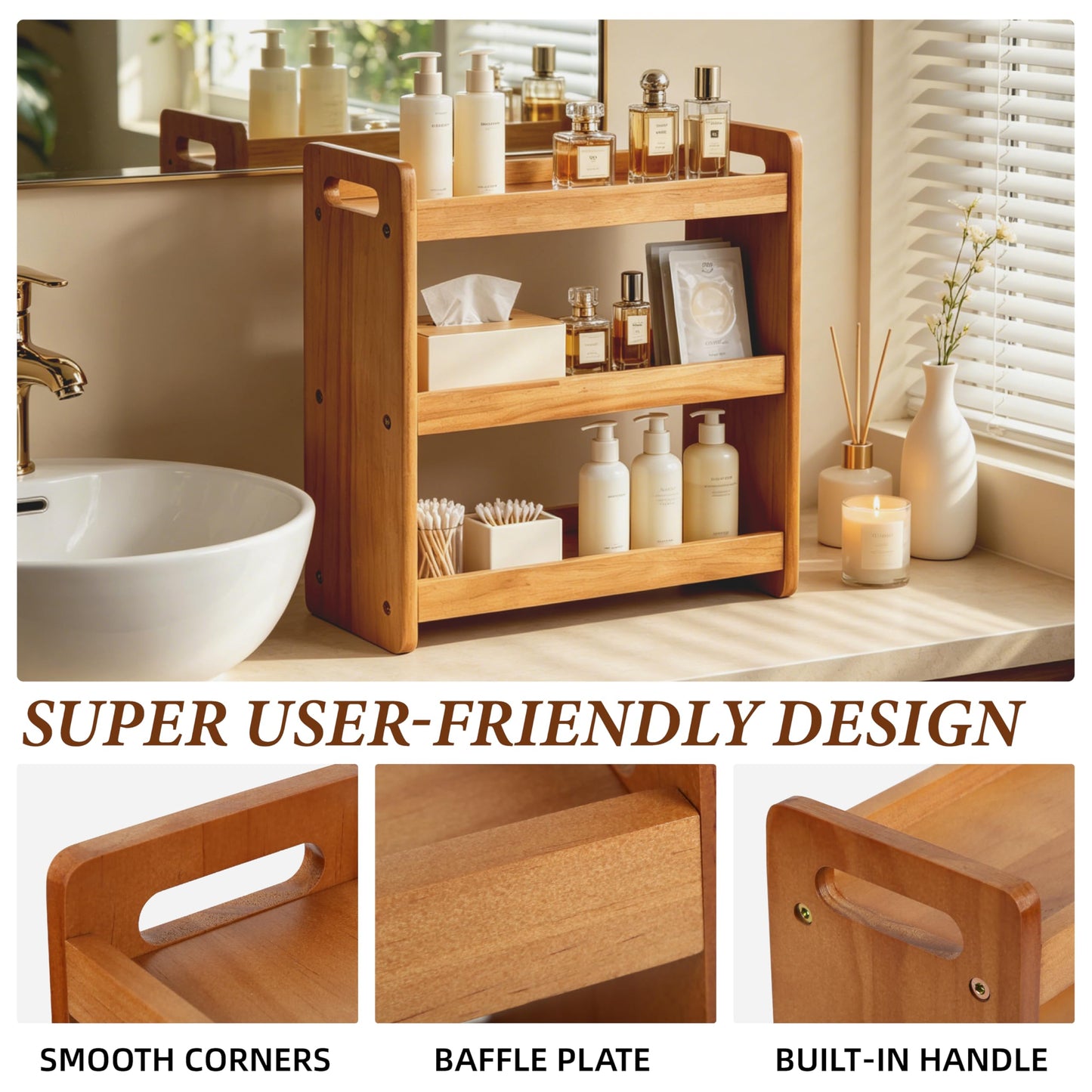 YUBAMIN Bathroom Counter Organizer, 3 Tier Bathroom Countertop Organizer, Bathroom Counter Shelf, Wooden Makeup Organizers Countertop, Bathroom Vanity Organizers and Storage for Bedroom, Gifts