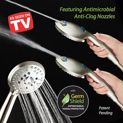 Hotel Spa AquaCare As-Seen-On-TV High Pressure 50-mode Rain & Handheld 3-way Shower Head Combo - Anti-clog Nozzles/Tub, Tile & Pet Power Wash/Extra Long 6 ft. Stainless Steel Hose/Nickel Finish