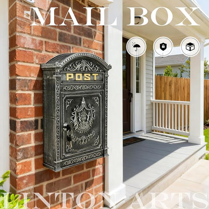 Vintage Lockable Wall Mount Mailbox, Heavy Duty Cast Aluminum Mail Box, Weatherproof Decorative Post Box for Outside, Antique Silver Finish, Large Capacity