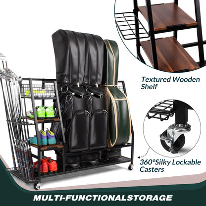 Sttoraboks 3 Golf Bags Storage Garage Organizer, Golf Bag Rack Fits 3 Golf Bags and Golf Equipment Accessories, Golf Club Storage Stand with Wooden Shelf and Lockable Wheels for Garage Indoor Basement