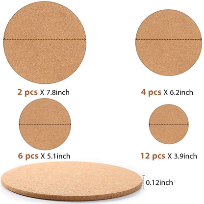 Patelai 24 Pcs Cork Coasters - Thick Round Blank Cork Base Mat for Wine Glasses, Home Bar, Kitchen, Restaurant, Cafe, Wedding Party, 1/4" Thickness, 4 Sizes