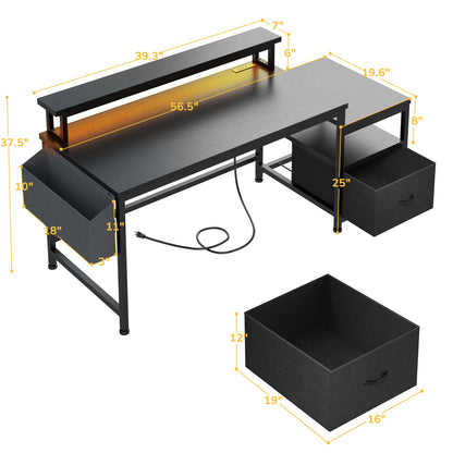 EnHomee 56.5" Black Computer Desk with File Drawers and Printer Space,Office Desk with Power Outlets and Monitor Stand,Gaming Desk,Study Desk, Writing Desk, Bedroom Desk