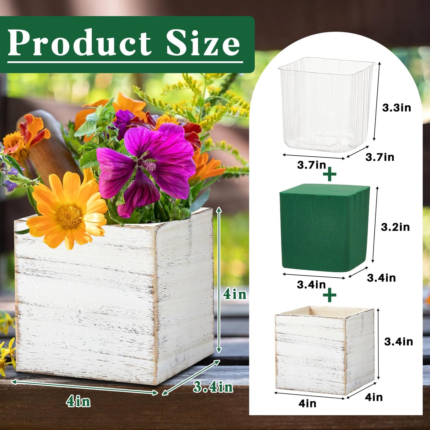 Dandat 4 Sets 4 Inch Wooden Cube Planter Boxes for Centerpiece Flower White Wood Rustic Square Vase with Removable Plastic Liner Floral Foam Block for Garden Wedding Home Arrangement Decor