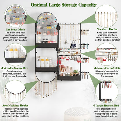 Keebofly Wall Mount Hanging Jewelry Organizer - Large Display Holder for Earrings, Rings, Necklaces, Bracelets, Watches and Perfume - Black