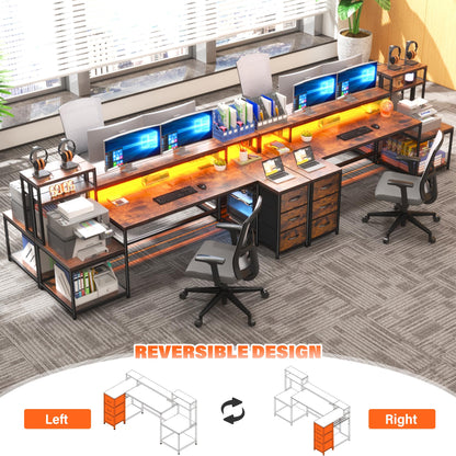 EnHomee 71" L Shaped Computer Desk with 3 Drawers & Hutch,Reversible Gaming Desk with LED Lights & Power Outlet,Home Office Desks with Monitor Stand & Printer Shelf for Student School Rustic Brown