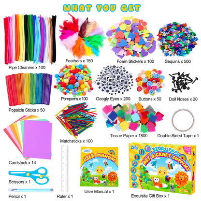 Zefy 3200+ Pcs Arts and Crafts Supplies for Kids, All in One Craft Kits with 12 Crafts Design, DIY School Supplies Kit Craft Box Easter Gifts for Girls Boys Ages 4-12