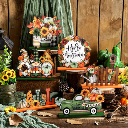 Wenqik 6 Pcs Fall Wooden Table Decorations, Hello Autumn Pumpkin Gnome Sunflower Maple Leaf Signs, Sage Green Thanksgiving Tiered Tray Decor Rustic Farmhouse Centerpiece for Home Kitchen Shelf Desk
