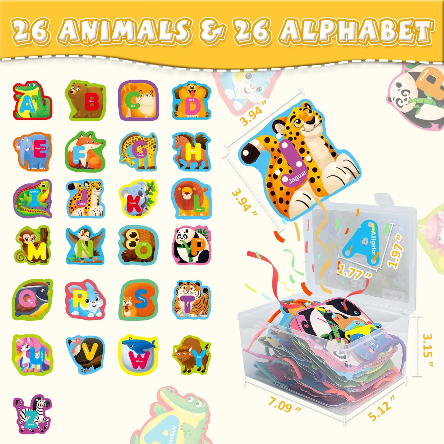 52 PCS Animals Lacing Cards for Kids Ages 3-5, Uppercase Sewing Cards Kits, Animal Alphabet Matching Games for Preschool Learning, Developing Fine Motor Skills Supplies
