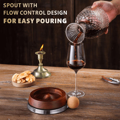 Rotating Wine Decanter Set with Solid Wood Base, Fun Crystal Glass Wine Carafe, Red Wine Decanter, Wine Accessories, Wine Gifts, Perfect for Home Bar (Silver Accents)