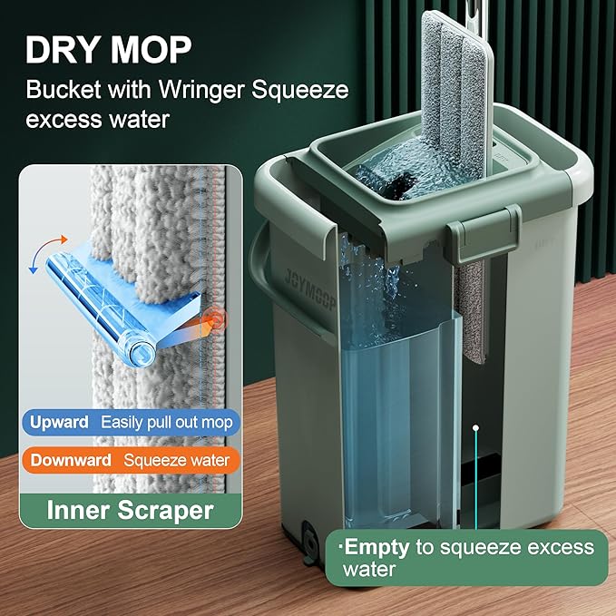 JOYMOOP Mop and Bucket with Wringer Set, Flat Squeeze Mop with Bucket, Dust Mop