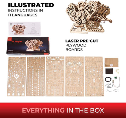 UGEARS V8 Engine Model Kit - 3D Wooden Puzzles for Adults, 3D Puzzle Model Engine Kit, DIY Kits Gifts for Engineers for Christmas, Wooden Model Kits for Adults to Build, Brain Teaser Hobby Set