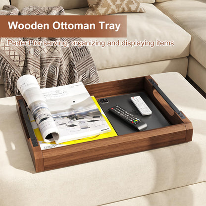 17 Inch Acacia Wood Ottoman Tray for Living Room, Wooden Serving Tray with Metal Handles, Large Serving Trays for Ottoman, Eating Food on Couch, Decorative Trays for Coffee Table, Bathroom, Home Decor