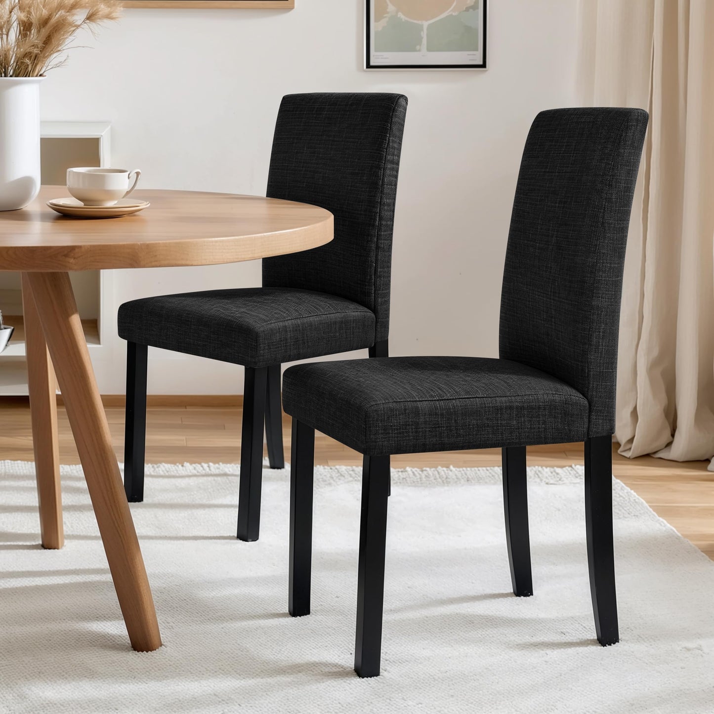 CHUN YI Upholstered Dining Chairs Set of 4, Fabric Dining Room Chairs with Solid Wood Legs, Modern Parson Chairs for Kitchen, Restaurant, Hotel, Black