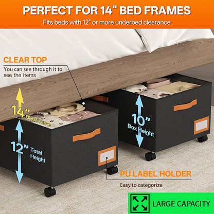 Under Bed Storage with Wheels, 12" Height Under Bed Storage Extra Deep Under Bed Storage Containers, Perfect for 14'' Bed Frame, No Assemble Metal Rolling Underbed Storage for Clothes Shoes Blankets