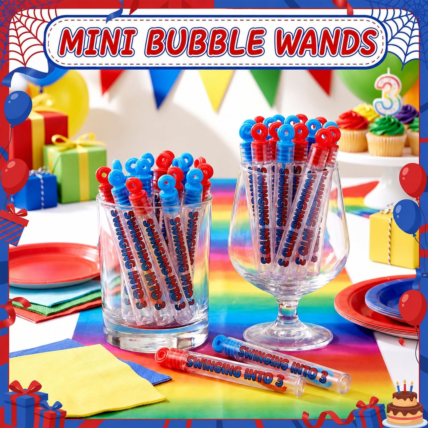 Leitee 24 Pcs Spider Party Favors, Mini Bubble Wands for Swinging into 3 Spider 3rd Birthday Party Decoration Goodie Bags Piñata Treat Bags Stuffers Prize