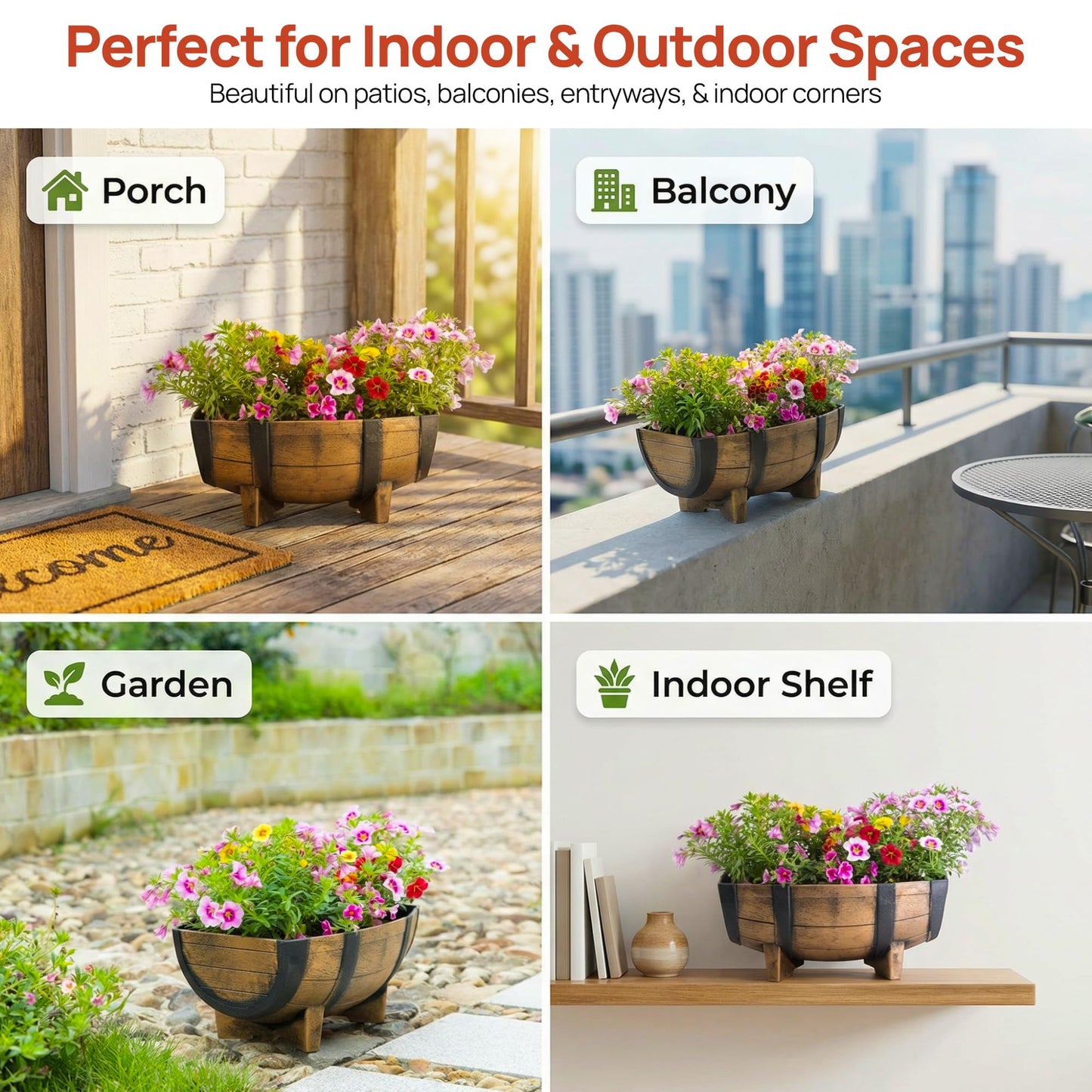 Gardenised 2-Piece Rectangular Half Barrel Flower Pots Rustic Farmhouse Style Faux Wood Planter Containers for Indoor & Outdoor Use Perfect for Displaying Decorative Garden Florals Herbs & Succulents