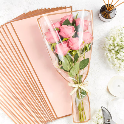 50 Sheets 18" x 11" Pink Flower Bouquet Wrapping Bags Plastic Paper Sleeves, Total 154Pcs RibbonsX3 Pruning ShearsX1 Card HolderX50 CardsX50 Floral Bouquets Bag for Flowers Bar Graduation Wedding