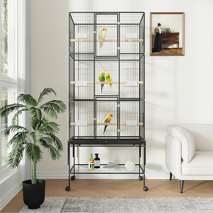 69 Inch Tall Parrot Cages for Large Birds, Three-Level Rolling Parakeet Cage with Storage Shelf Perches Feed Bowls, Bird Flight Cage, Large Bird Cages for Parrots Macaws Conures Cockatiels Parakeets