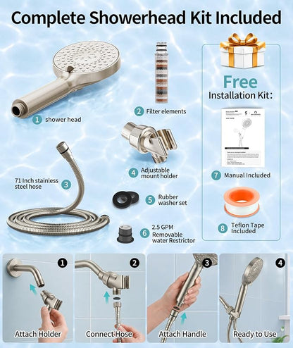 SR SUN RISE Filtered Shower Head with Handheld High Pressure 9 Spray Mode Showerhead Detachable Shower Head Water Softener Filters Beads for Hard Water Remove Chlorine 1 Filter Brushed Nickel