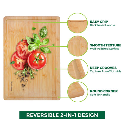 Bamboo Cutting Boards for Kitchen with Juice Groove [Extra-Large] Wood Cutting Board for Chopping Meat, Vegetables, Fruits, Cheese, Knife Friendly Serving Tray with Handles, 18 x 12.5 Inch