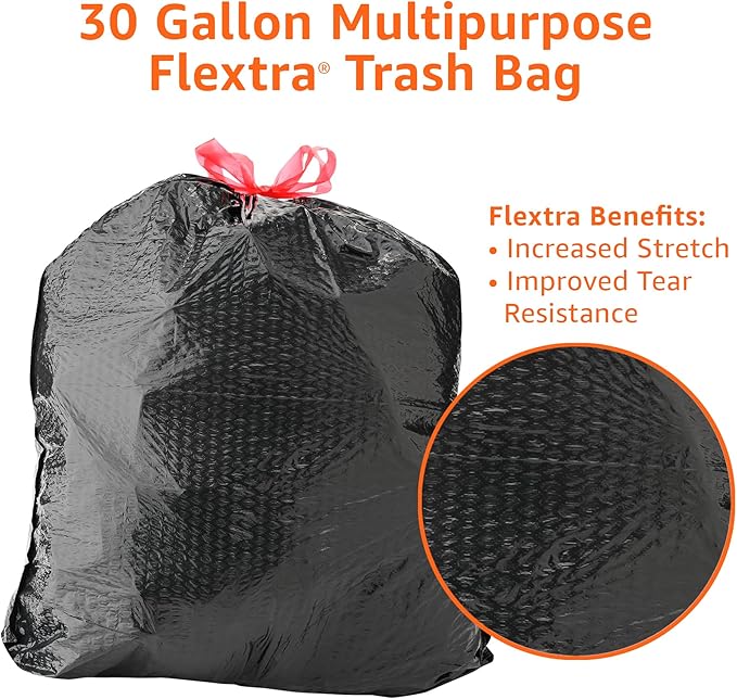 Amazon Basics Flextra Multipurpose Drawstring Trash Bags, 30 Gallon, Tear