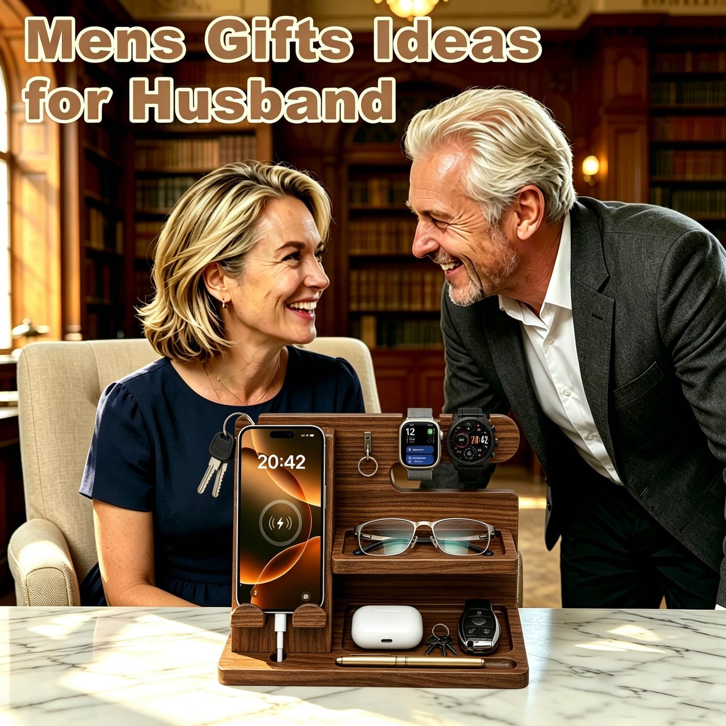 Iswabard Gifts for Men Wood Phone Docking Station Birthday Gift for Men Valentines Day Gifts Father Gift for Him Boyfriend Nightstand Organizer Desktop Phone Stand (Update Brown)