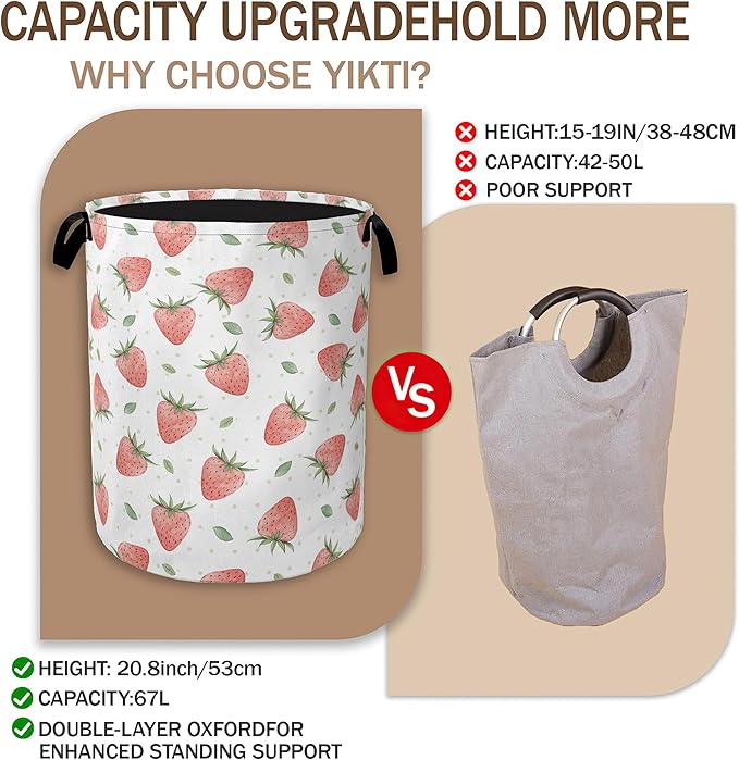 Watercolor Pink Strawberry Laundry Hamper, Waterproof Oxford Cloth Laundry Room