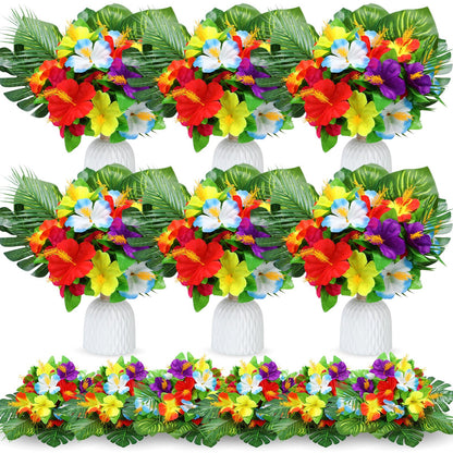 Hotop 24 Pcs Hawaiian Flower Centerpieces for Tables Artificial Palm Leaves Fake Hibiscus Flowers Tropical Party Decorations Supplies for Luau Safari Jungle Beach BBQ Theme Party Birthday Table Decor
