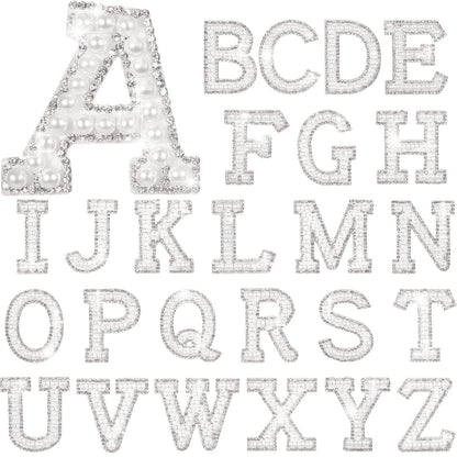 Waydress 26 Piece Rhinestone Iron on Patch A to Z Letter Appliques Adhesive White Pink Colorful Pearl Bling Patch Glitter Alphabet Embellishments for DIY Craft Supplies(Solid White)