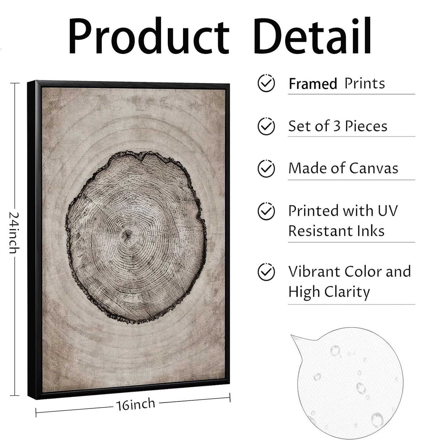 okudolit Tree Rings Canvas Wall Art Set Large Framed Modern Wood Stump Paintings Neutral Abstract Black Beige Wall Decor Forest Nature Art Print for Living Room Bedroom Dining Room Office-16 x24 x3